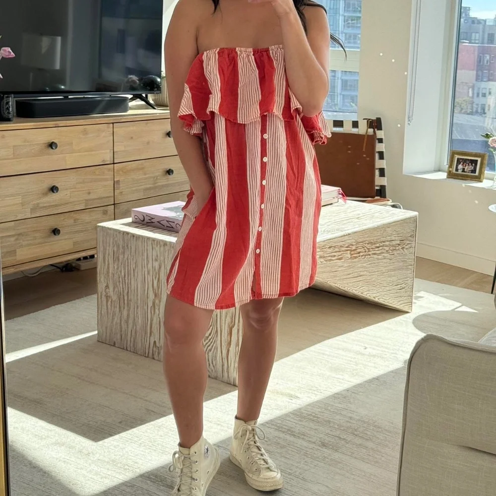 Faithfull the Brand Amalfi Rust-Red Striped Off-Shoulder Mini Dress • Size S - Picture 4 of 14